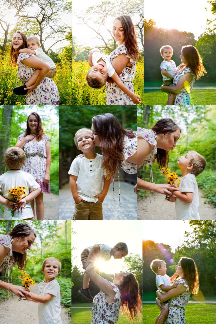 a woman holding a baby in her arms while standing next to another woman with flowers