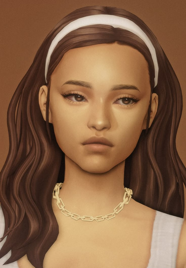 a digital painting of a woman with long brown hair wearing a white shirt and gold chain necklace