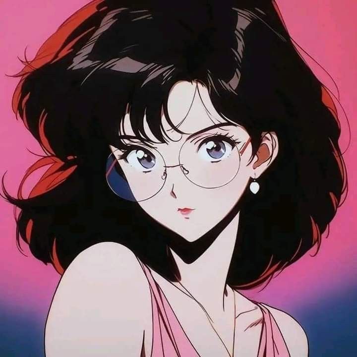 an anime character with glasses on her face and dark hair, wearing a pink dress