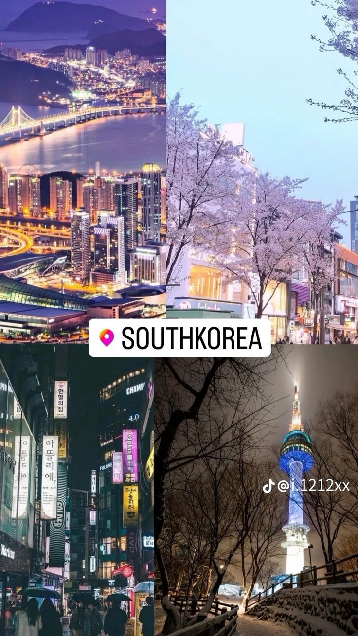 the collage shows different views of various cities in south korea, including tokyo and seoul