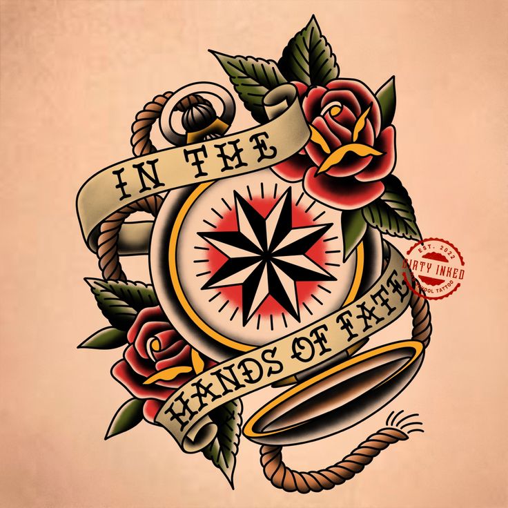 an old school tattoo design with roses and compass