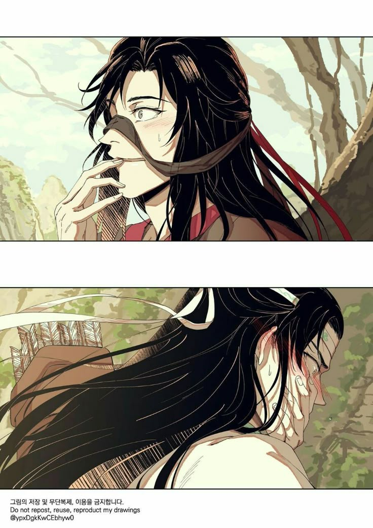 an anime character with long hair talking on a cell phone in front of a tree