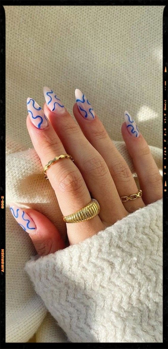 Awesome Nail Ideas You Should Try : Blue Squiggle Nude Base Almond Nails Boxy Nails, Acrilyc Nails Design Ideas Almond, Nail Inspo Trendy 2024, Blue Pattern Nails, Almost Nails, Squiggle Nails, Wave Nails, Spring Break Nails, Line Nail Art