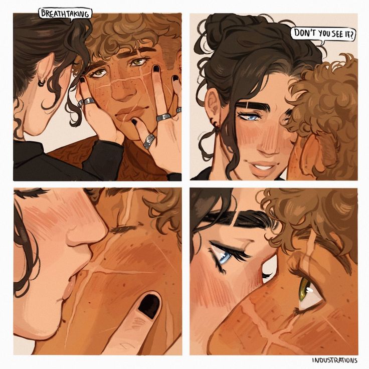 a comic strip with two people touching each other's faces