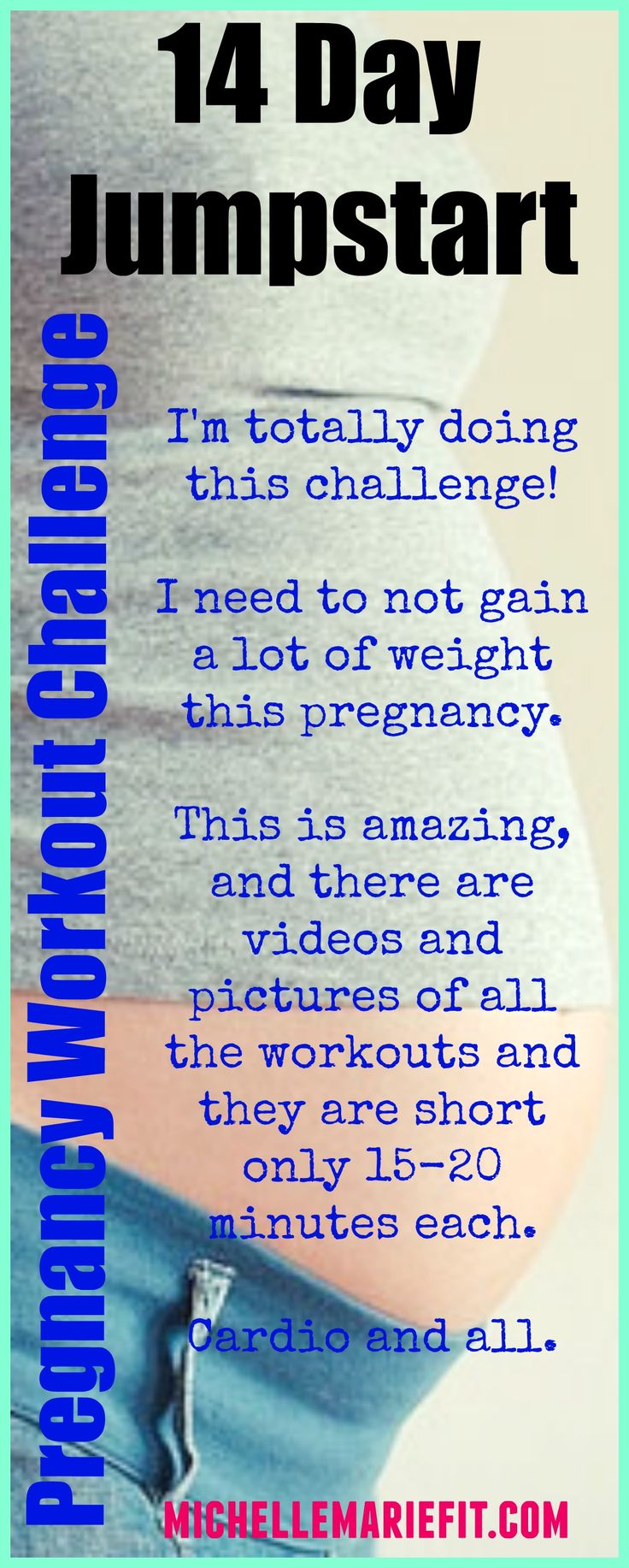 14 Day Pregnancy Workout Challenge you can do from home. Daily workouts (15-20 minutes each) Pictures and workout videos included Prevent excess weight gain, gain more energy, less aches and pains, better moods, lose baby weight fast. http://michellemariefit.com/pregnancy-workout-challenge-14-day-jumpstart/ Pregnancy Workout 2nd Trimester, Prenatal Workout First Trimester, Prenatal Diet Plan Getting Pregnant, Safe Pregnancy Workouts 2nd Trimester, Pregnancy Fitness First Trimester, Pregnancy Workout Plan, Pregnancy Safe Workouts, Prenatal Workout, Pregnant Diet