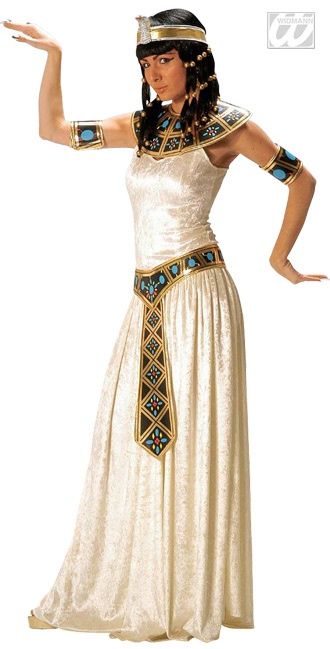 an egyptian woman dressed in white and gold with her hands out to the side,