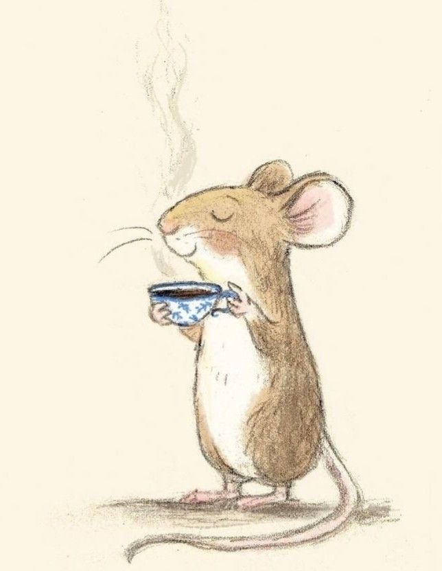 a drawing of a mouse holding a plate with food in it's mouth and steam coming out of its mouth