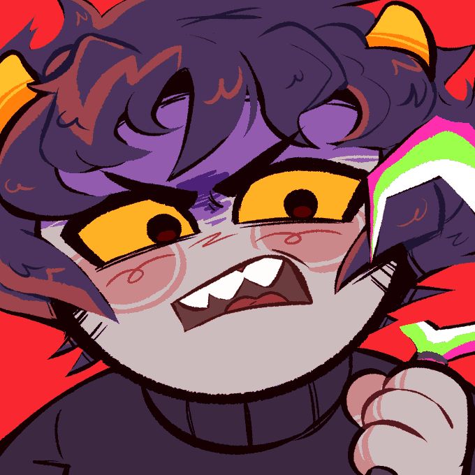 a drawing of a cat with yellow eyes and purple hair holding a toothbrush in its hand