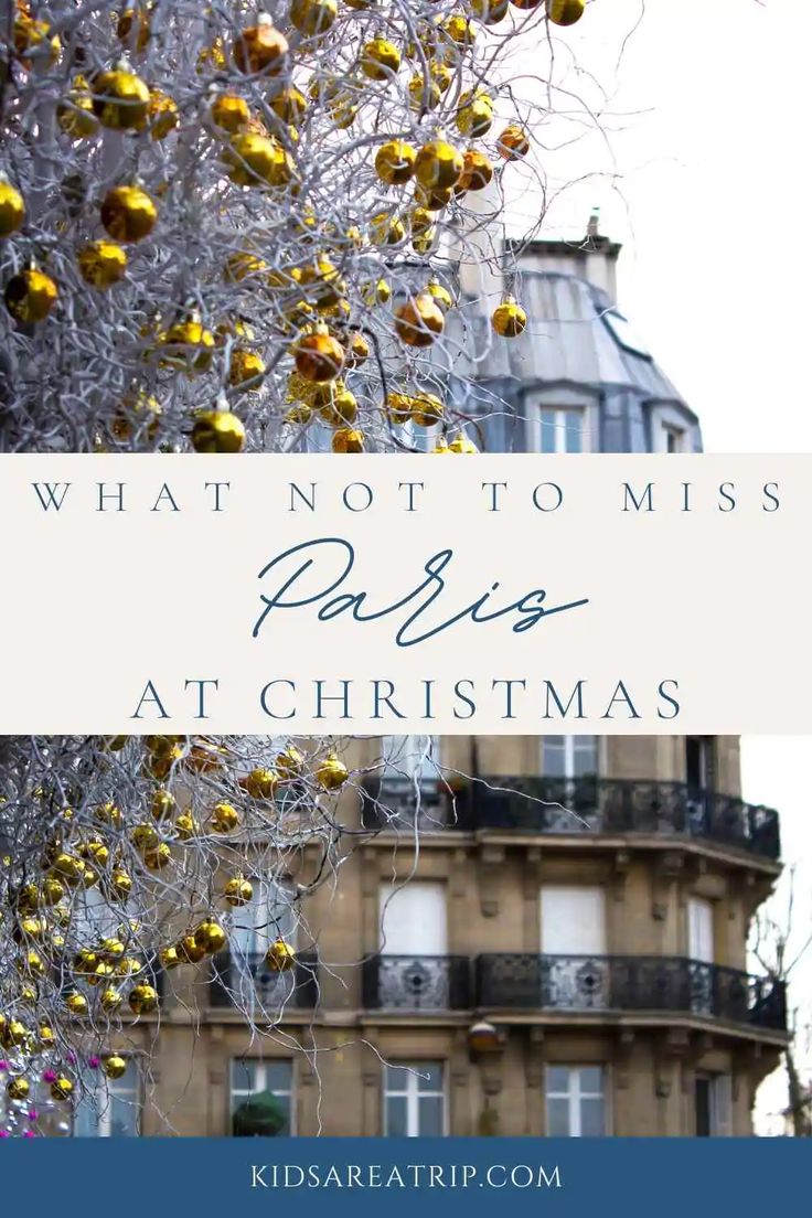 a building with christmas decorations hanging from it and the words what not to miss paris at christmas