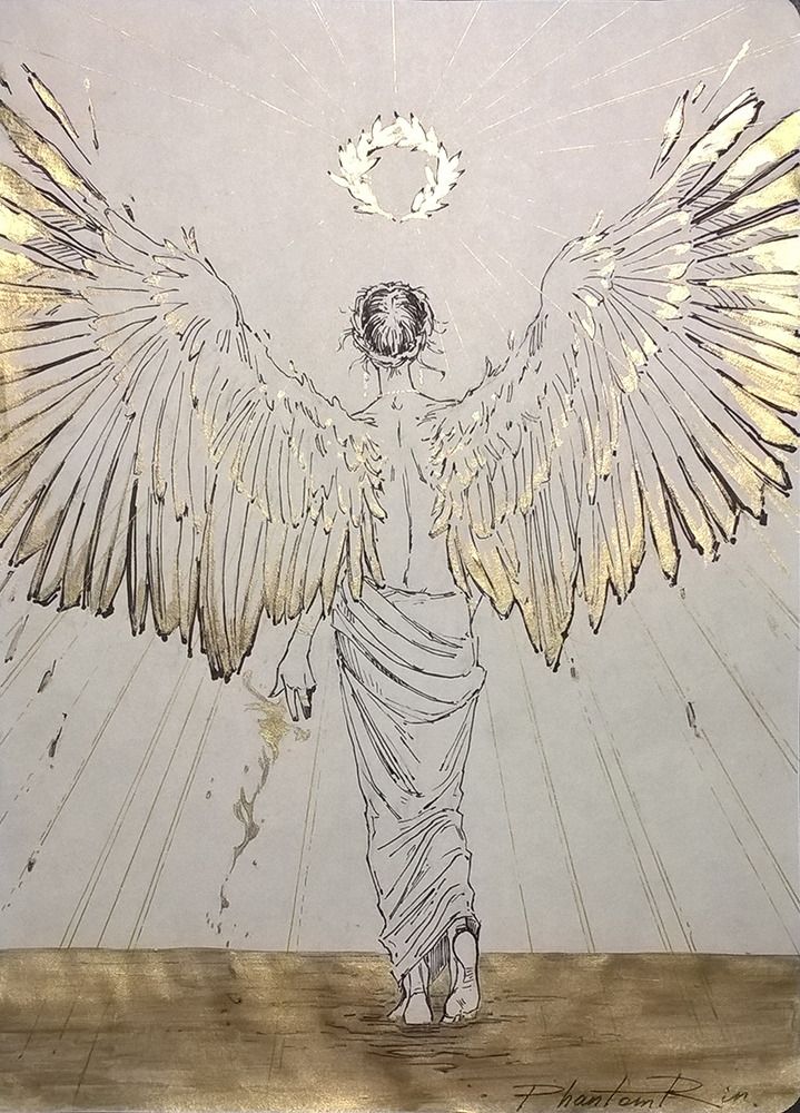 a drawing of an angel with outstretched wings