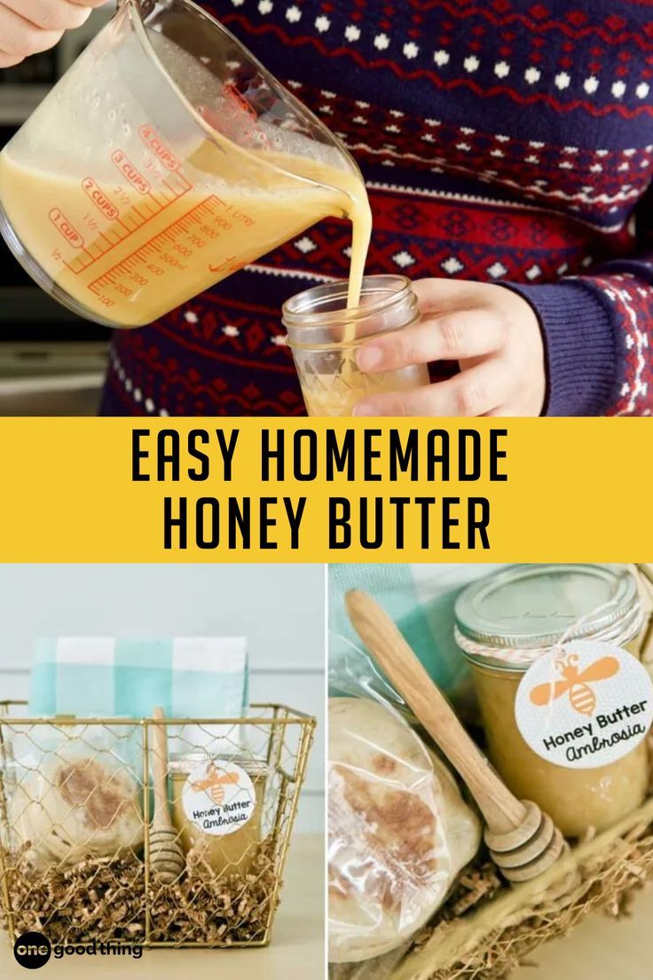 Homemade Whipped Honey Butter Recipe - a 3 image collage of pouring honey butter into a can and honey butter in the can in a basket Whipped Honey Butter Recipe, Whipped Honey Butter, Easy Honey Butter, Homemade Honey Butter, Butter Recipes Homemade, Dairy Snacks, Compound Butter Recipe, Honey Butter Recipe, Whipped Honey