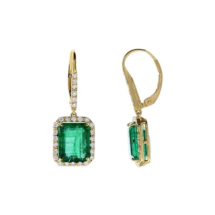 These dangle earrings feature two GIA certified emerald cut green emeralds, prong set in lavish drops, totaling 8.55 carats and measuring 10.24-8.23mm each. The gem source is Brazil; they are perfectly matched in size, color, transparency, and luster. These emeralds are framed by round brilliant cut diamonds and cascade to the top of each earring totaling 0.75 carats. Created in 18 K yellow gold in a bright polished finish, they are held on by gem-set lever backs and swing gracefully when worn. Emerald And Diamond Earrings, Color Transparency, Emerald Diamond Earrings, Diamond Tops, Ruby Earrings, Cushion Cut Diamonds, Women Diamond, Pearl Earrings Dangle, Antique Earrings