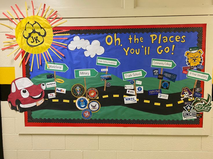 a bulletin board is decorated with pictures and magnets for the school's cars