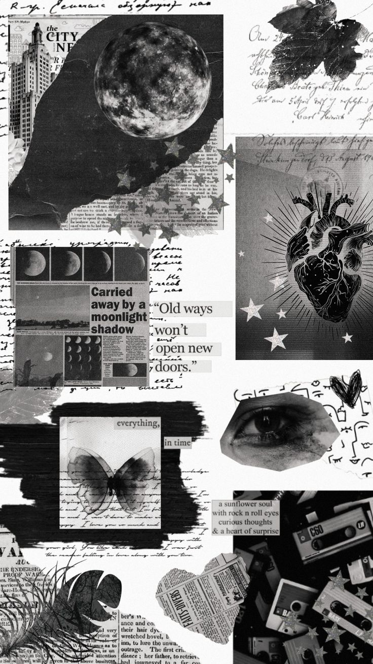 black and white collage with pictures, photos, and words on it's side