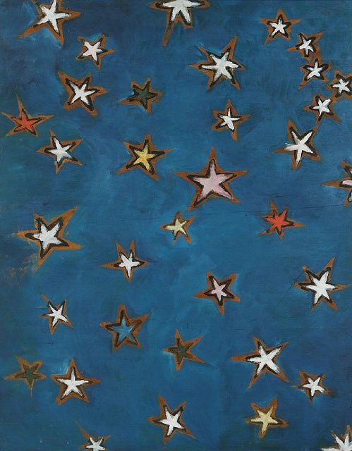 an abstract painting of stars on a blue background