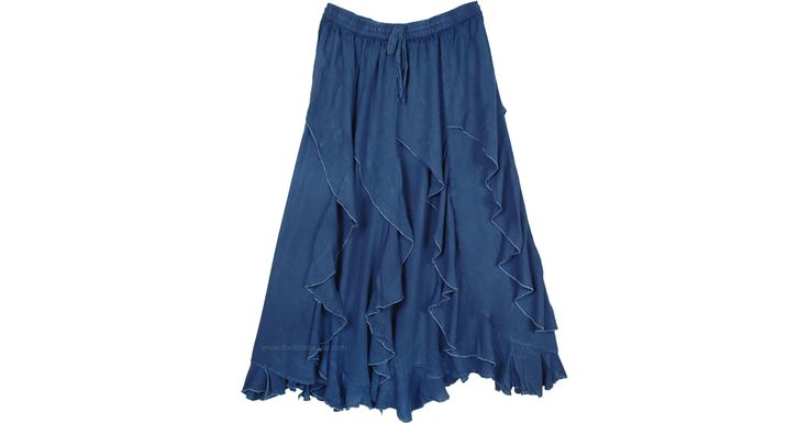 Denim Blue Ruffled Cotton Skirt, Denim Blue Cotton Skirt With Ruffles, Bohemian Tiered Bottoms With Layered Hem, Bohemian Bottoms With Tiered Layered Hem, Denim Blue Long Bohemian Skirt, Bohemian Long Denim Blue Skirt, Denim Blue Bohemian Long Skirt, Bohemian Denim Blue Skirt, Summer Bohemian Denim Blue Skirt