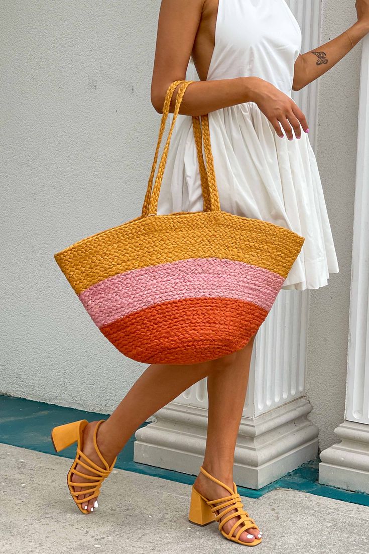 Liza Tote - Bandit and the Babe Everyday Striped Straw Bag, Orange Tote Beach Bag For Vacation, Orange Bucket Beach Bag For Vacation, Striped Woven Straw Bag, Striped Shoulder Bag With Braided Handles, Casual Striped Straw Bag, Striped Beach Bag With Braided Handles, Striped Woven Bags For Shopping, Striped Woven Shopping Bags