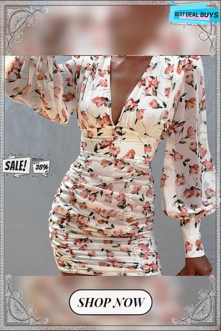 Dress for Women Y2k Sexy Long Sleeve Floral Print Lantern Sleeve Shirred Dress Chic Casual Fashion Elegant V Neck Dress Summer Long Sleeve Ruched Bodycon Dress, Summer Long Sleeve Flirty Bodycon Dress, Floral Print V-neck Bodycon Dress For Parties, Party Bodycon Dress With Floral Print And V-neck, Party Floral Print V-neck Bodycon Dress, Fitted Red Floral Print Bodycon Dress, V-neck Floral Print Bodycon Dress For Party, Spring V-neck Ruched Bodycon Dress, Floral Print V-neck Bodycon Dress For Night Out