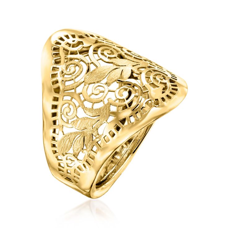 Ross-Simons - Italian 14kt Yellow Gold Filigree Ring Size 7. Beauty is all in the details. Elevate any outfit with this ornate 14kt yellow gold filigree ring, featuring intricate swirling and floral openwork in brushed and polished finishes. Made in Italy. 7/8" wide. 14kt yellow gold filigree ring. Filigree Ring Gold, Gold Filigree, Filigree Ring, Timeless Jewelry, Stunning Jewellery, Free Jewelry, Women Rings, Jewelry Collection, Jewelry Watches