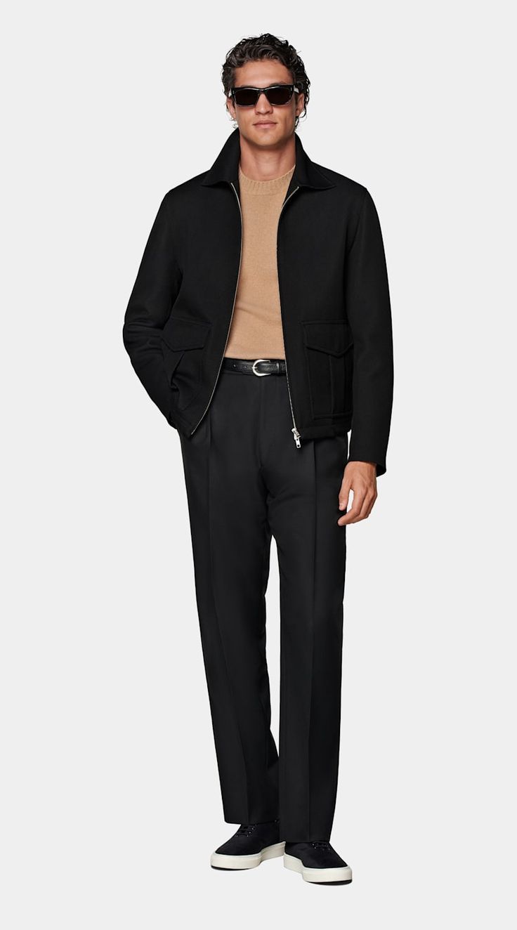 Hip-length black bomber jacket with a double-ended zip closure. Features flapped patch pockets and inside pockets. Unlined for a sleek, structured silhouette. Black Jacket Men, Mens Winter Jacket, Formal Streetwear, Suit Supply, Perfect White Shirt, Flannel Suit, Minimalist Fashion Men, Streetwear Winter, Business Jacket