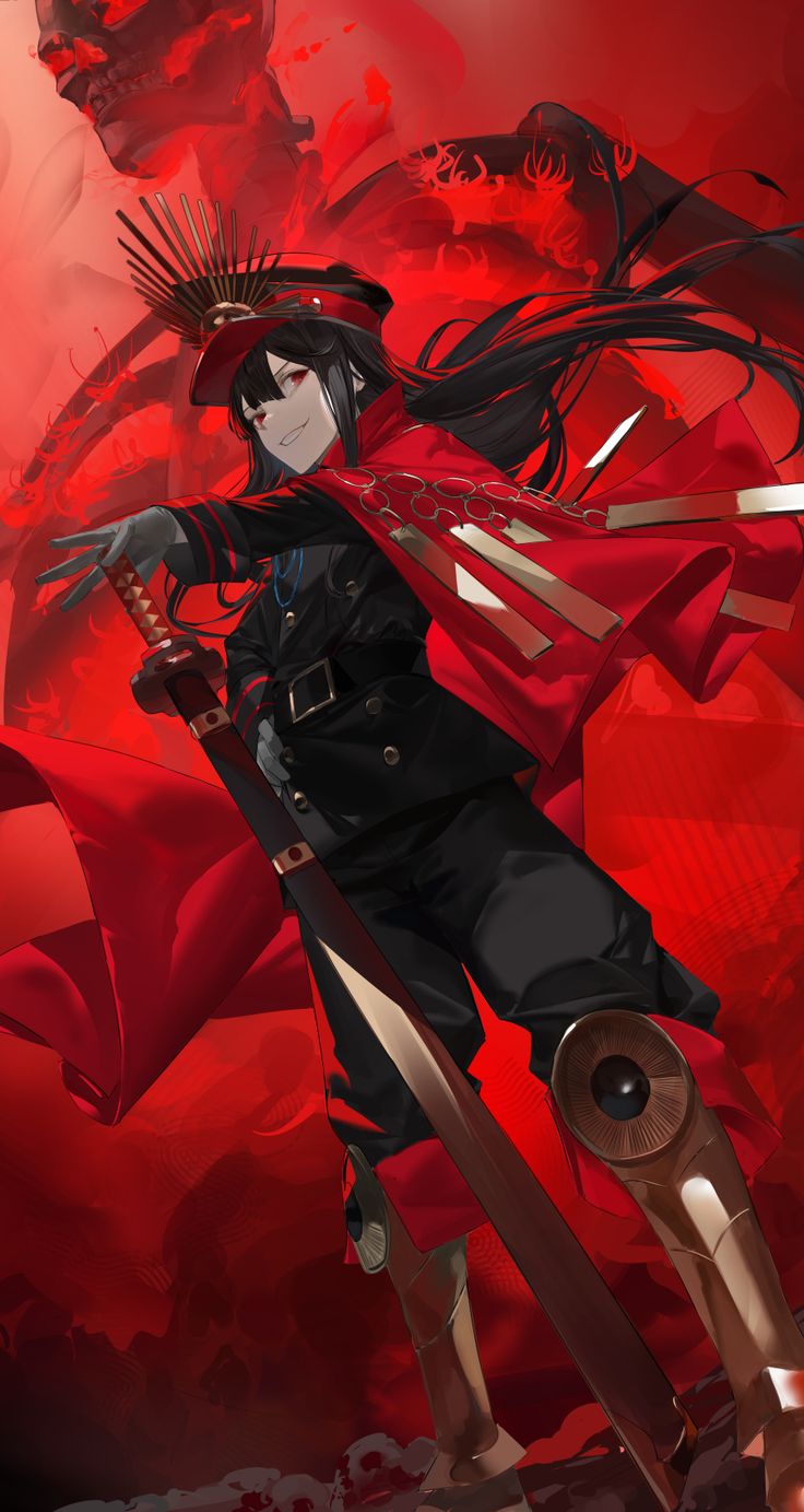 an anime character is standing in front of a red background