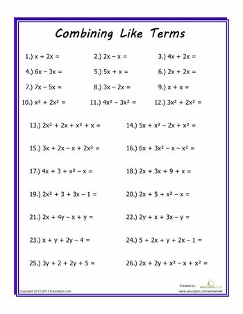 the printable worksheet for combining like terms