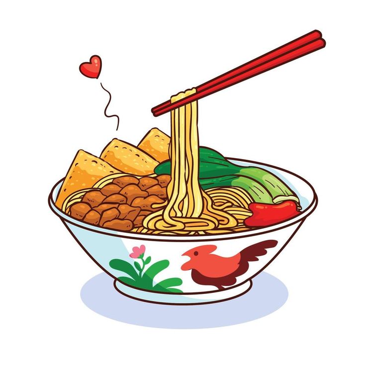 a bowl of noodles with chopsticks in it and some meat on the side