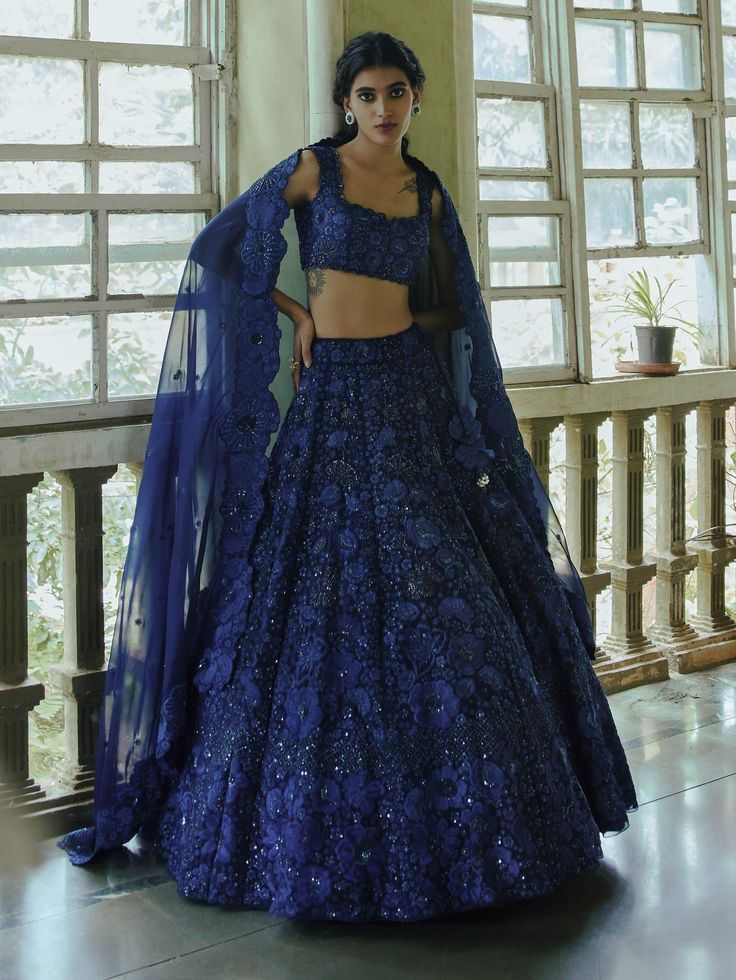 Lehenga Blue, Royal Blue Lehenga, Navy Blue Lehenga, Orang India, Sangeet Outfit, Reception Outfit, Blue Organza, Organza Lehenga, Lehenga Designs Simple