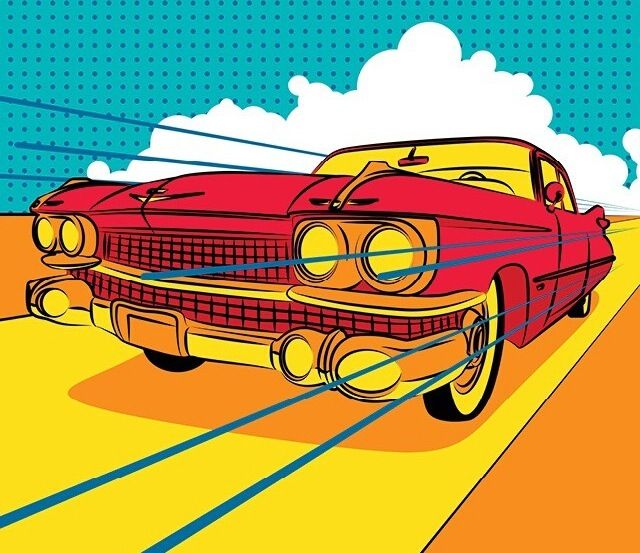 a red car driving down a road with clouds in the sky behind it, pop art