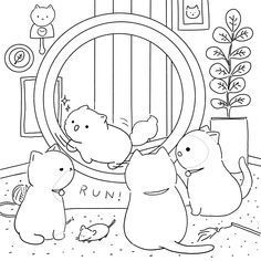 three little animals are playing with each other in front of a round mirror that is on the floor