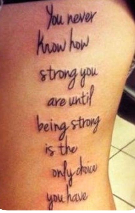 the back of a woman's leg with a tattoo saying you never know how strong you