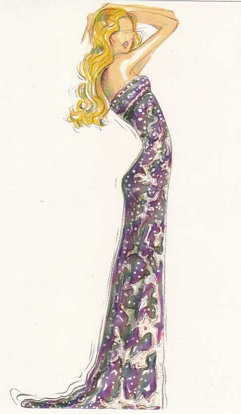 a drawing of a woman in a long purple dress with her hand on her hip