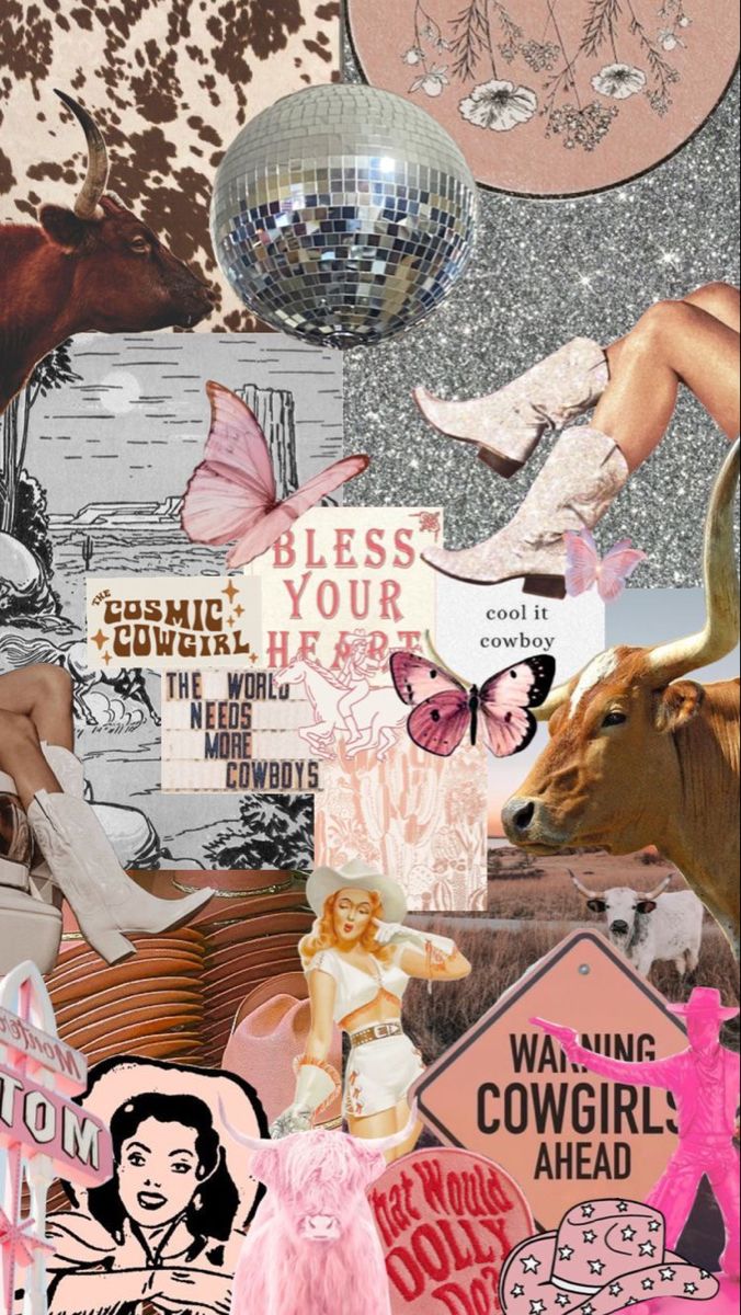 a collage of various images with pink and black accents, including an image of a cow