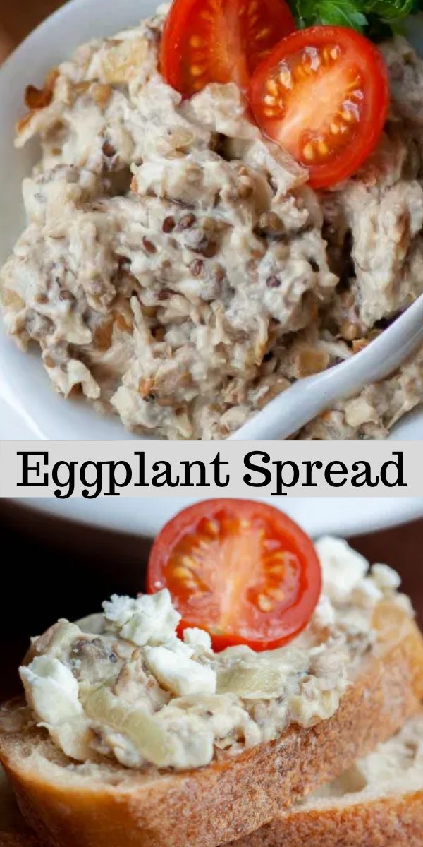 an eggplant spread with tomatoes and bread