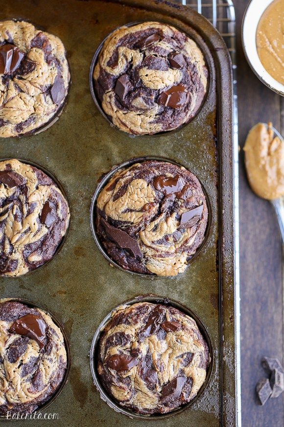 chocolate chip muffins in a baking pan with peanut butter