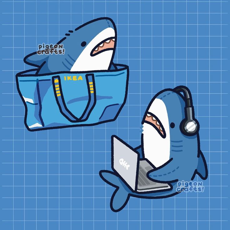 an image of a shark with headphones on and a bag in the shape of a laptop