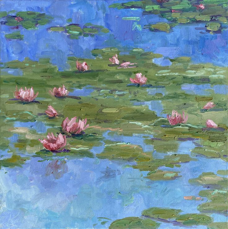 a painting of water lilies in a pond