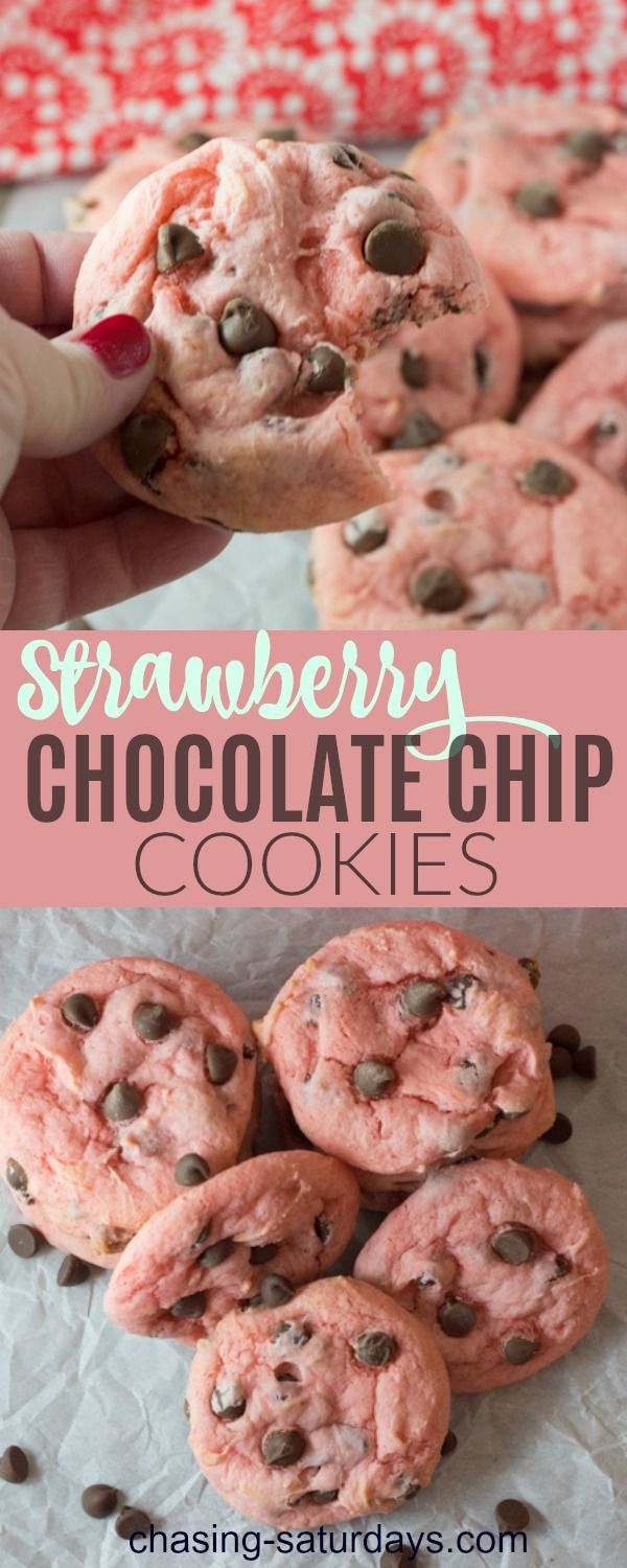 strawberry chocolate chip cookies with text overlay