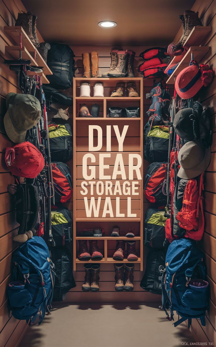 the inside of a storage room with shoes and backpacks on shelves that read diy gear storage wall