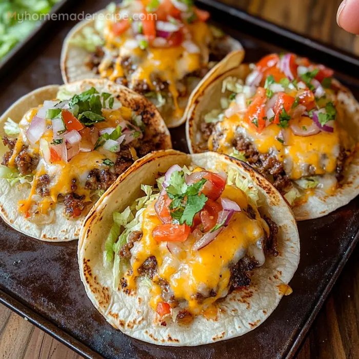 four tacos sitting on top of a pan covered in cheese