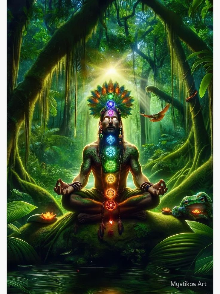 a man sitting in the middle of a forest with seven chakras on his body