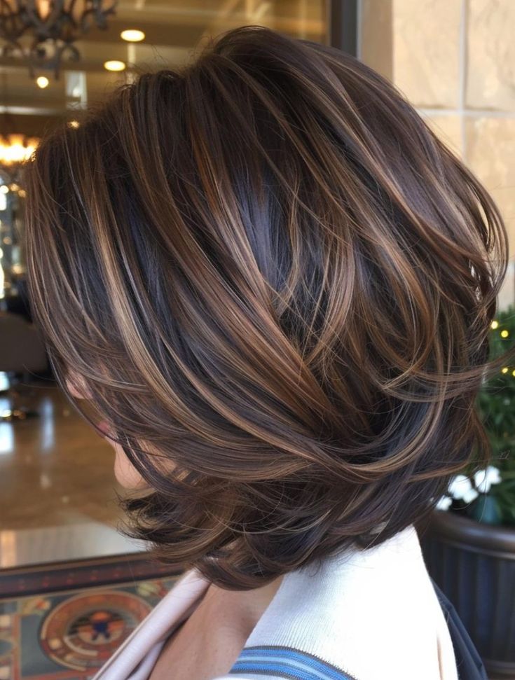 Warm Burnett With Highlights, Blow Dry Mid Length Hair, Fall Hair Medium Length Brown, Ash Brown With Lowlights, Brunette Layered Bob, Highlights Lowlights Brown Hair, Medium Length Mom Haircut, Short Brown Hair With Caramel Highlights, Caramel Short Hair