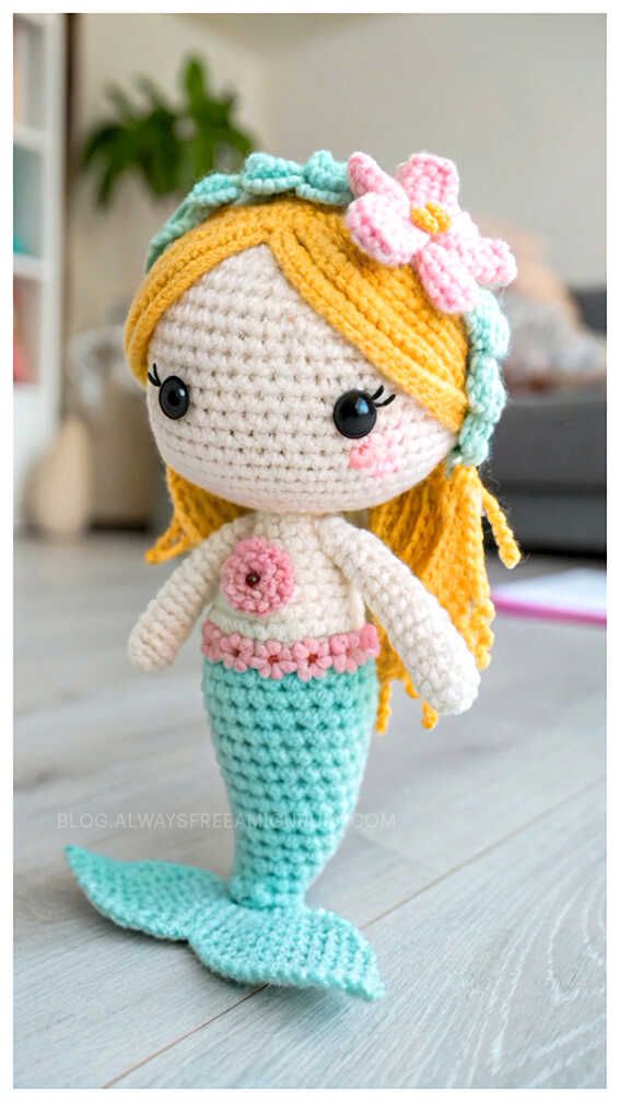 a crocheted mermaid doll is sitting on the floor