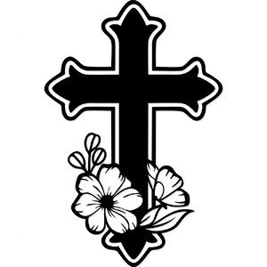 a black and white cross with flowers on it