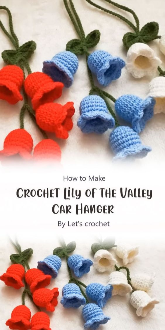 crochet lily of the valley car hanger is shown in red, white and blue