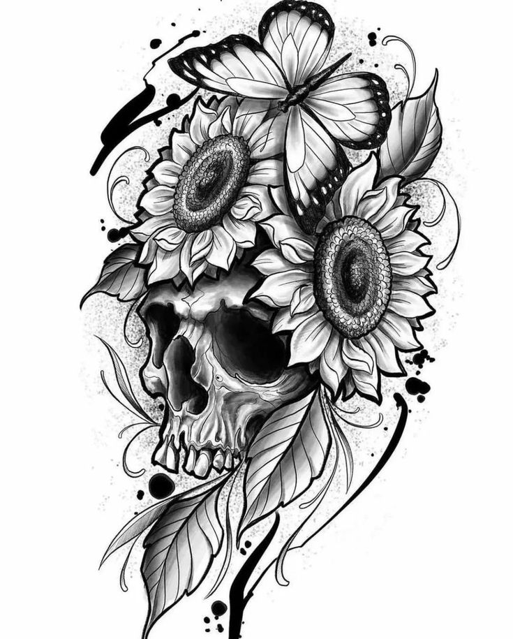 a skull with sunflowers on it