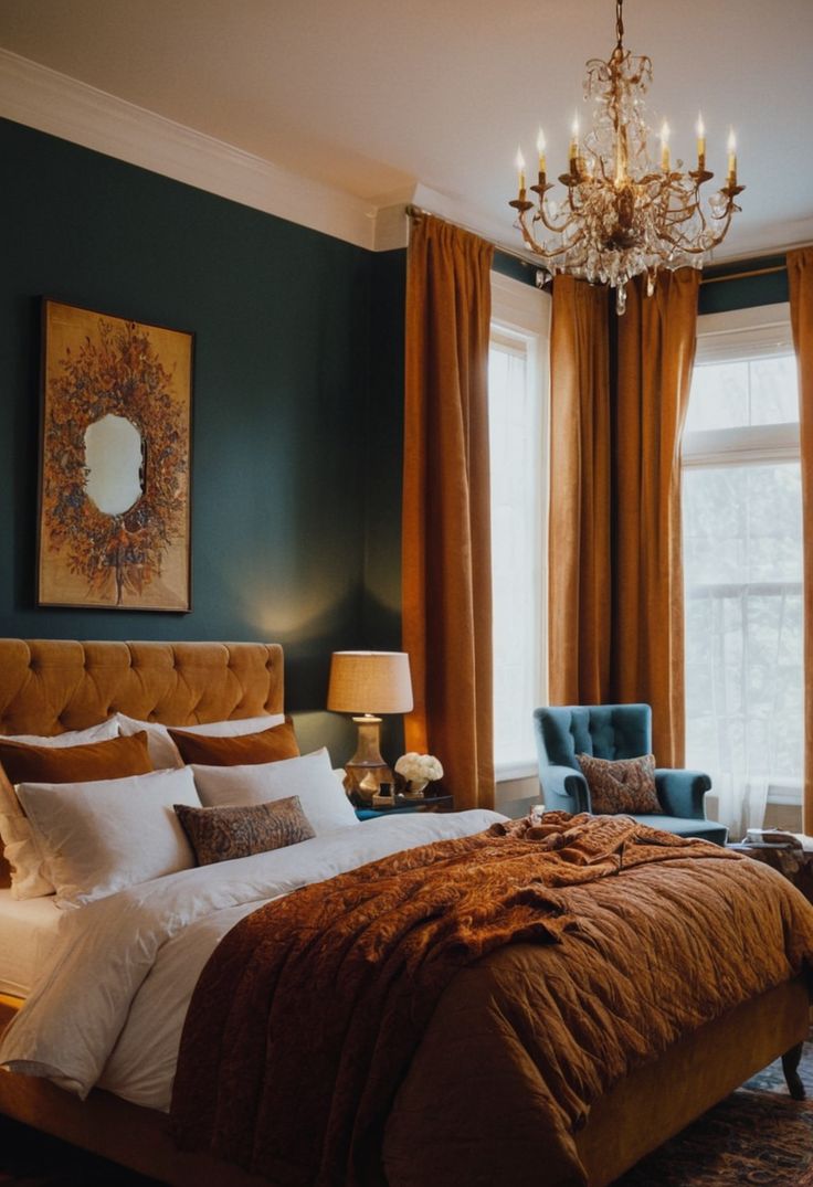 a bedroom with a large bed, chandelier and two chairs in front of the window