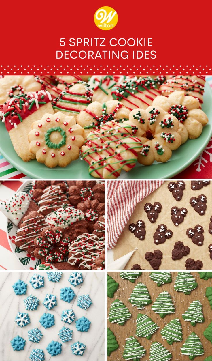 a collage of christmas cookies and desserts with text overlay that reads, 6 spritz cookie decorating ideas