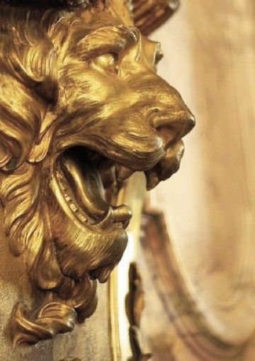 a golden lion head on the side of a wall