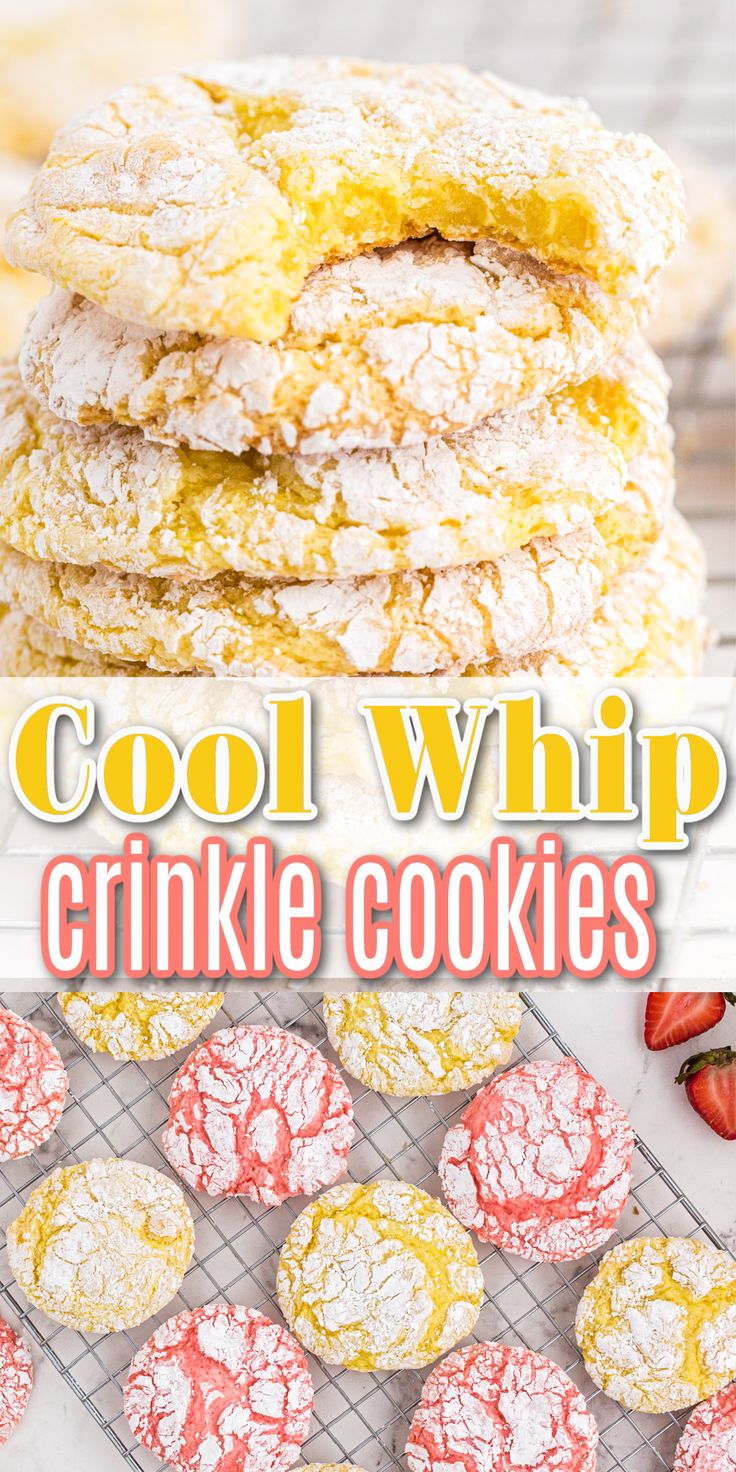 a stack of cookies sitting on top of a cooling rack filled with powdered sugar